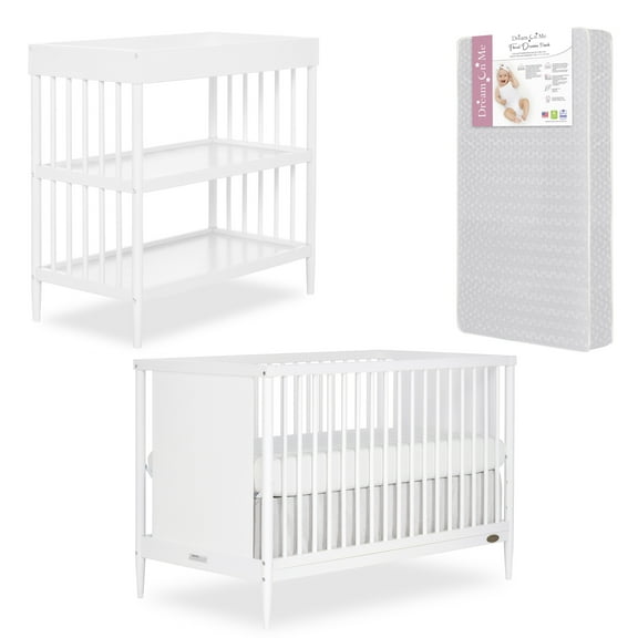 Bundle of Dream On Me Clover 4 in 1 Modern Island Crib with Rounded Spindles, Dream On Me Clover Changing Table, with a Dream On Me Honeycomb Firm Fiber Standard Crib Mattress, White