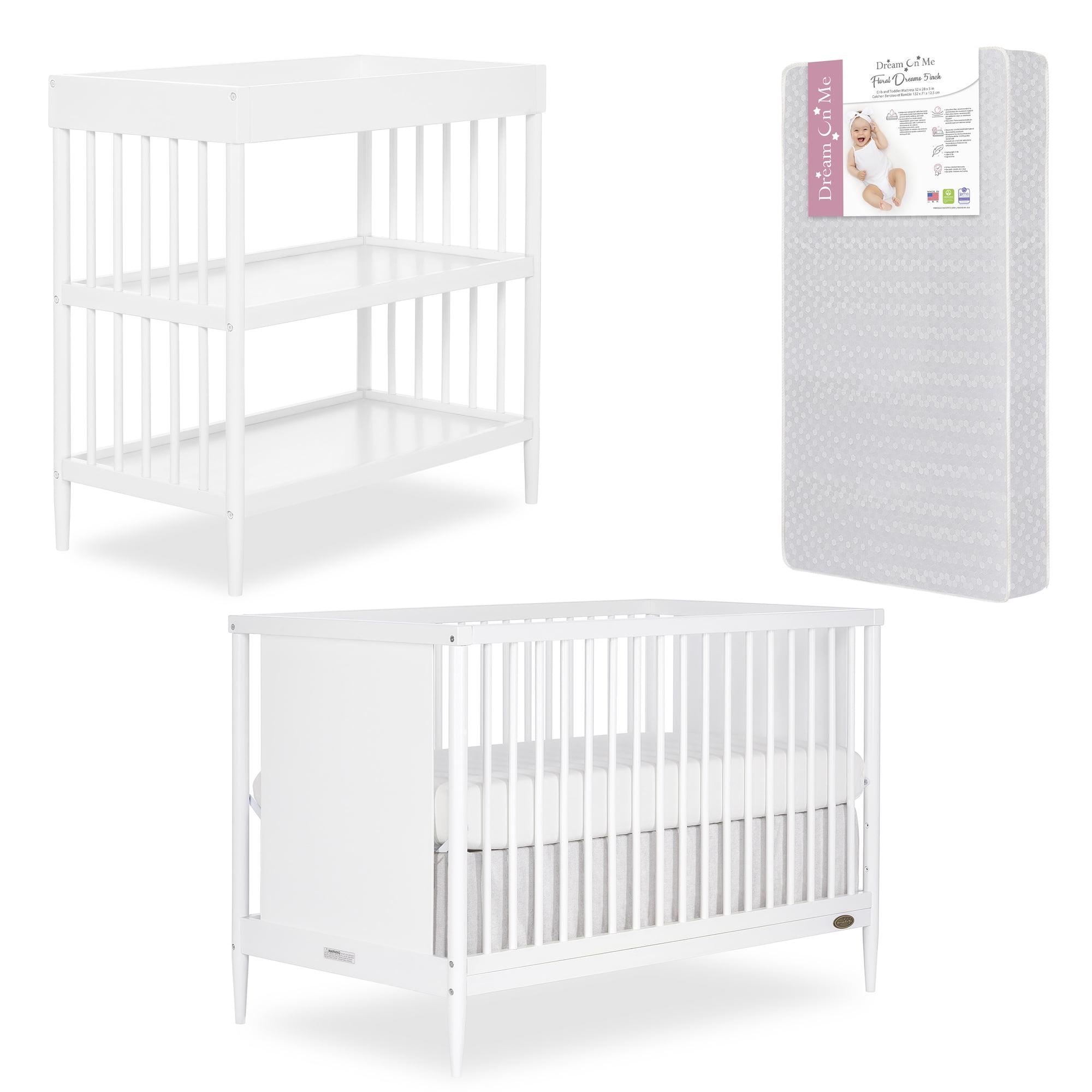 Bundle of Dream On Me Clover 4 in 1 Modern Island Crib with Rounded Spindles, Dream On Me Clover Changing Table, with a Dream On Me Honeycomb Firm Fiber Standard Crib Mattress, White