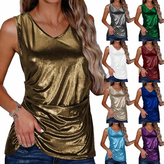 Miluxas Women's Sleeveless Glitter Tank Tops Solid Shimmer V Neck Vest Tops Ruffle Waist Elegance Party Top Sleeveless White