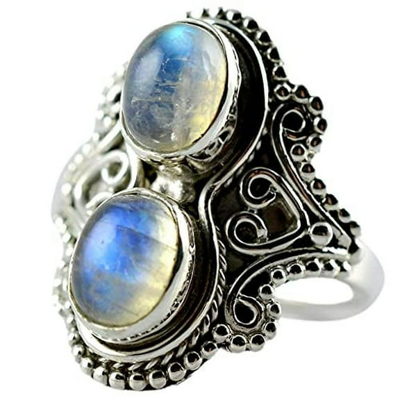 Navya Craft Rainbow Moonstone Oval 925 Sterling Silver Handmade Women Statement Ring Size 9.0