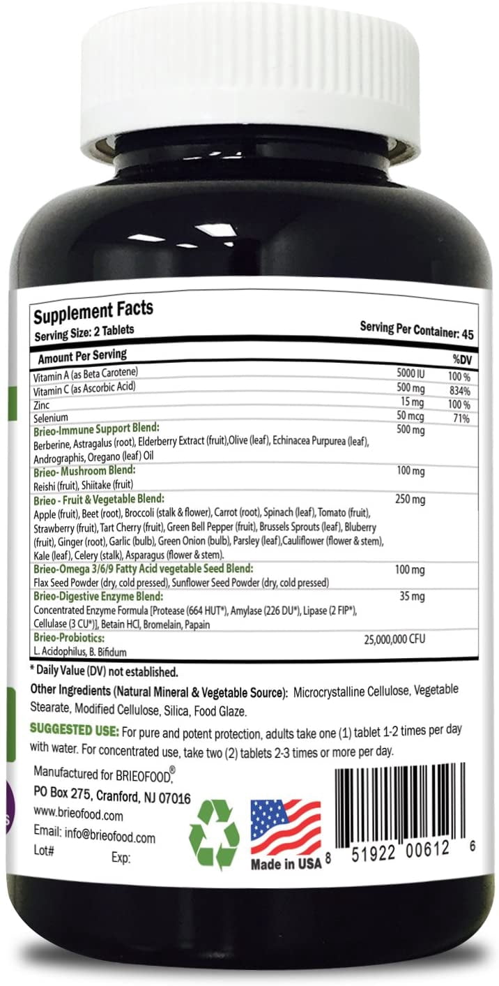 (3 pack) Brieofood Immune 90 Tablets, Food Based Daily Immune System Booster Supplement Made with Vegetable Source Omegas, probiotics and Herbal Blends