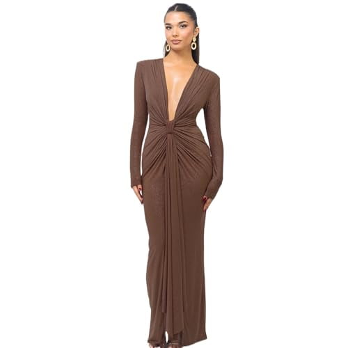 Vestido largo UEHCNFU para mujer, cuello en V profundo, ajustado fruncido, caqui