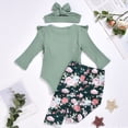 thumbnail image 3 of 3pcs Newborn Infant Baby Girl Clothes Solid Color Ribbed Long Sleeve Romper Pants Headband Outfits Set,Green,0-6 Months, 3 of 5