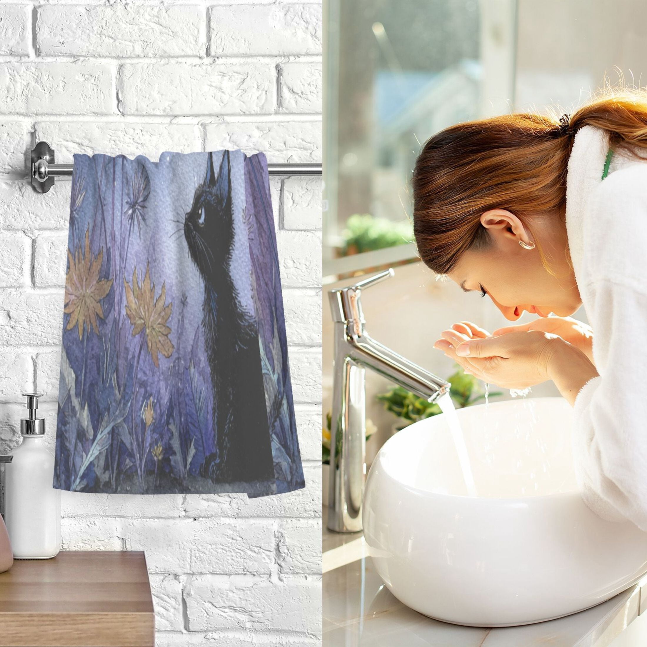 Cotton Towel Two-Piece 16x28 Inch One Sizex2 Face Towel Set Towel Set Cotton Hand Bath Towel Bathroom Beach Watercolor Black Cat