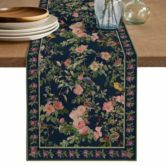 Black Flowers Table Runner, Spring Floral Elegant Pastoral Vintage Washable Cotton Linen Table Runners 90 Inches Long, Dresser Scarf Runner for Dining/Coffee/Kitchen/Hallway Tables 13''x90''
