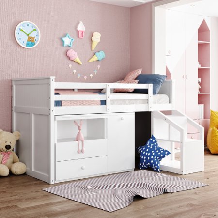 Twin Loft Bed for Kids  Low Study Wooden Loft Bed Frame with Movable Portable Desk and Storage Steps  Low Loft Bed for Kids  Teens (White)