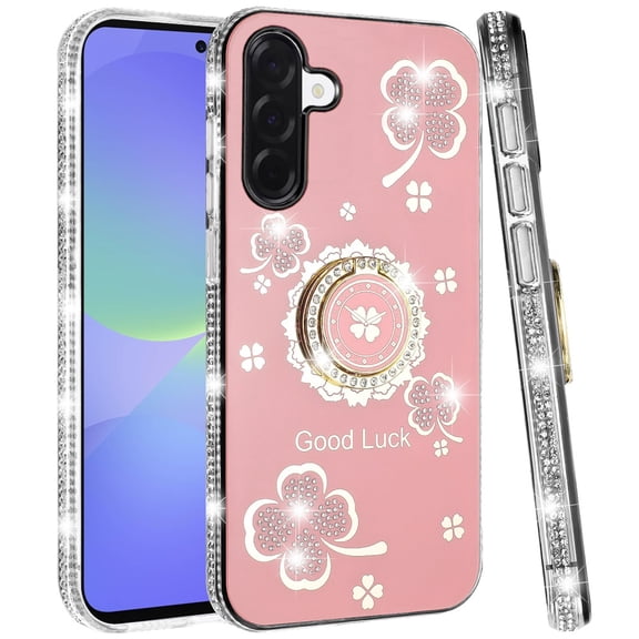 For Samsung Galaxy A37 Phone Case, Diamonds Bling All Around Edges Sparkly Glitter Hybrid with Ring Stand Holder Fashion Good Luck Cover for Samsung A37 - Pink