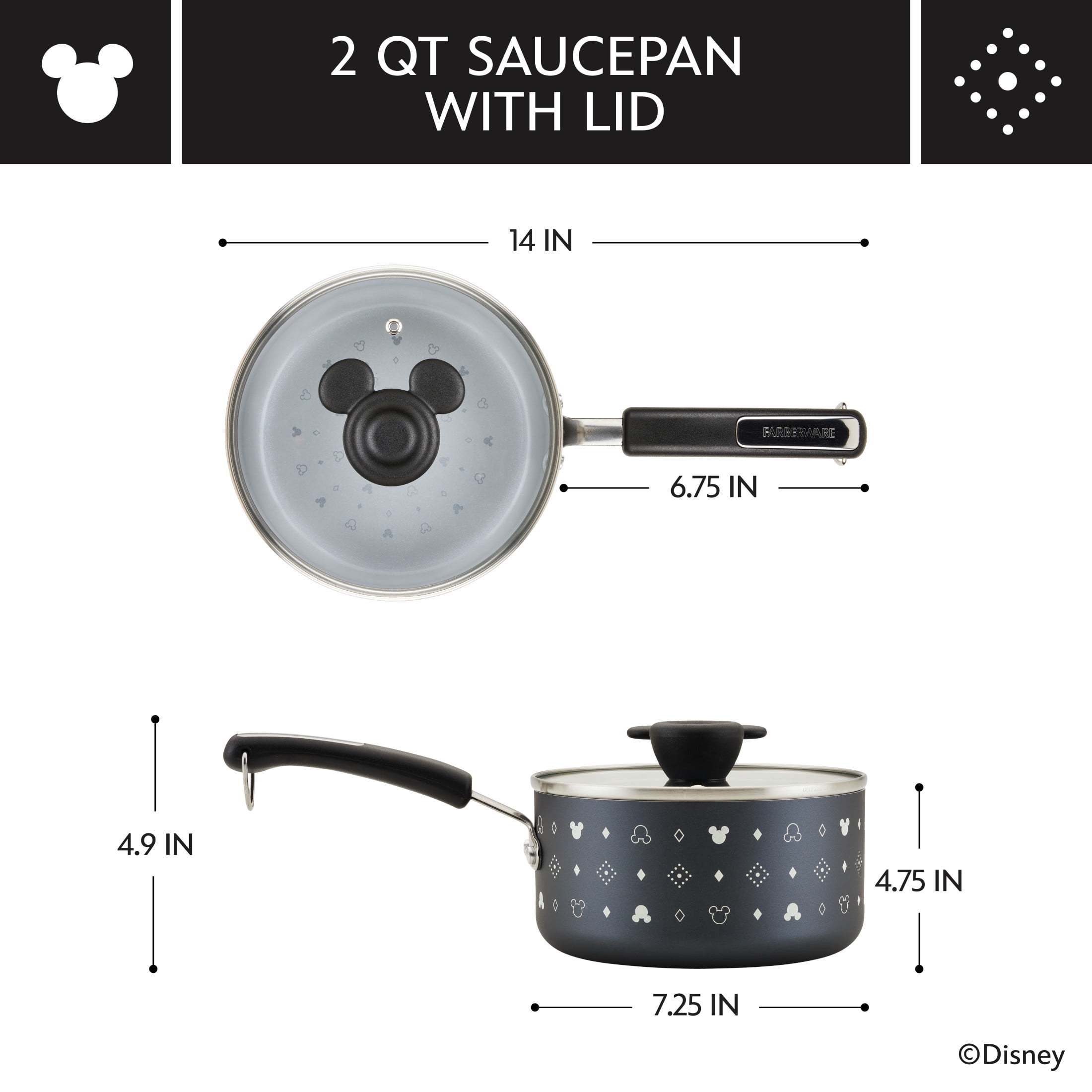 Farberware Disney Monochrome 2 Quart Ceramic Nonstick Saucepan with Tempered Glass Lid, Dishwasher Safe, Black