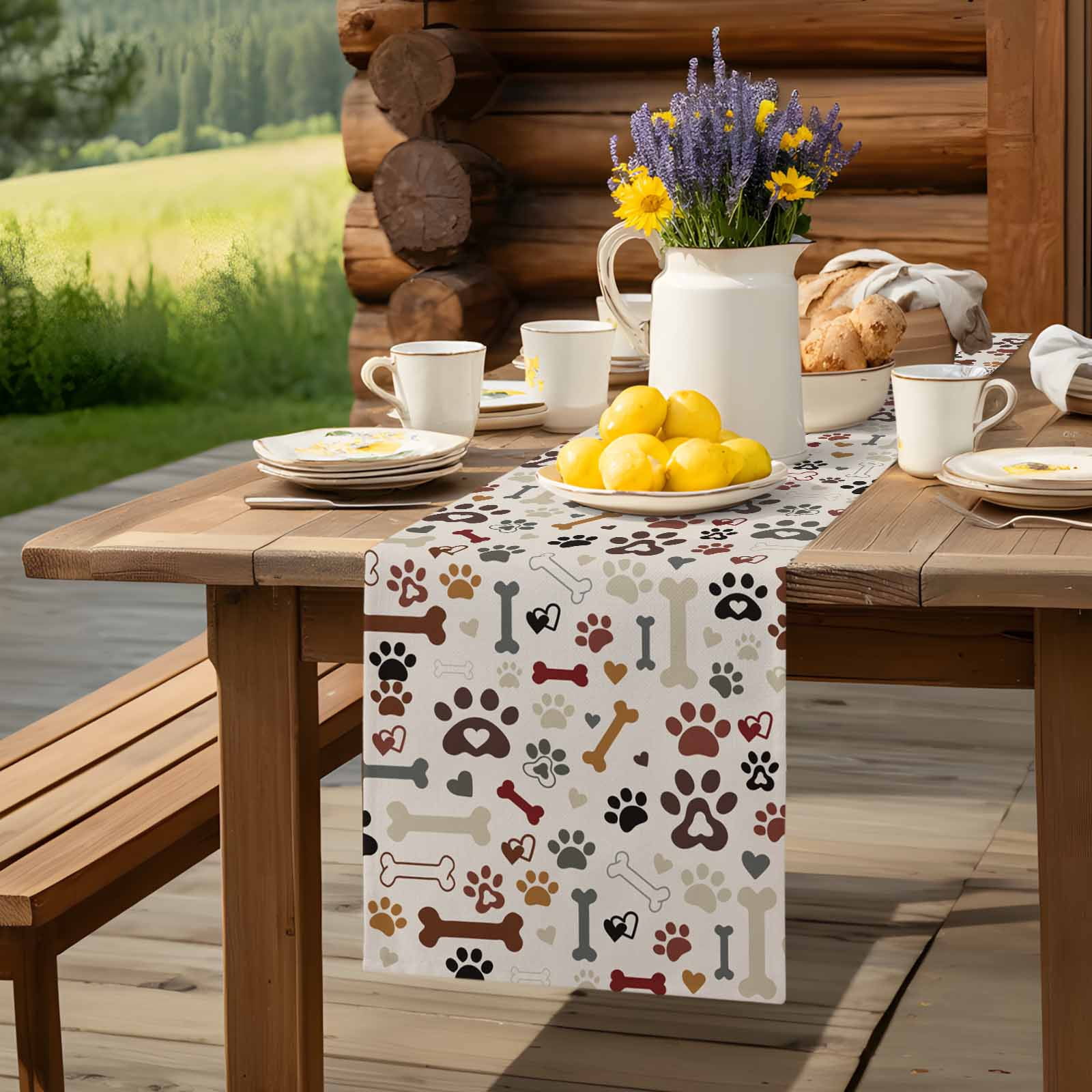 Seamless Dog Paw Bone Texture Table Runner 90 Inches Long, Pet Claw Love Heart on Khaki Table Runners Tabletop Scarf Kitchen Dining Tables Decoration for Home Party Indoor Outdoor