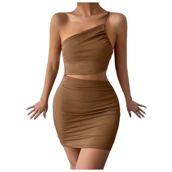 Wycnly Dresses for Women Party Club Sexy Cut-out Bodycon One Shoulder Strap Mini Dresses Slash Neck Sleeveless Color Patchwork Summer Short Formal Dress Brown m