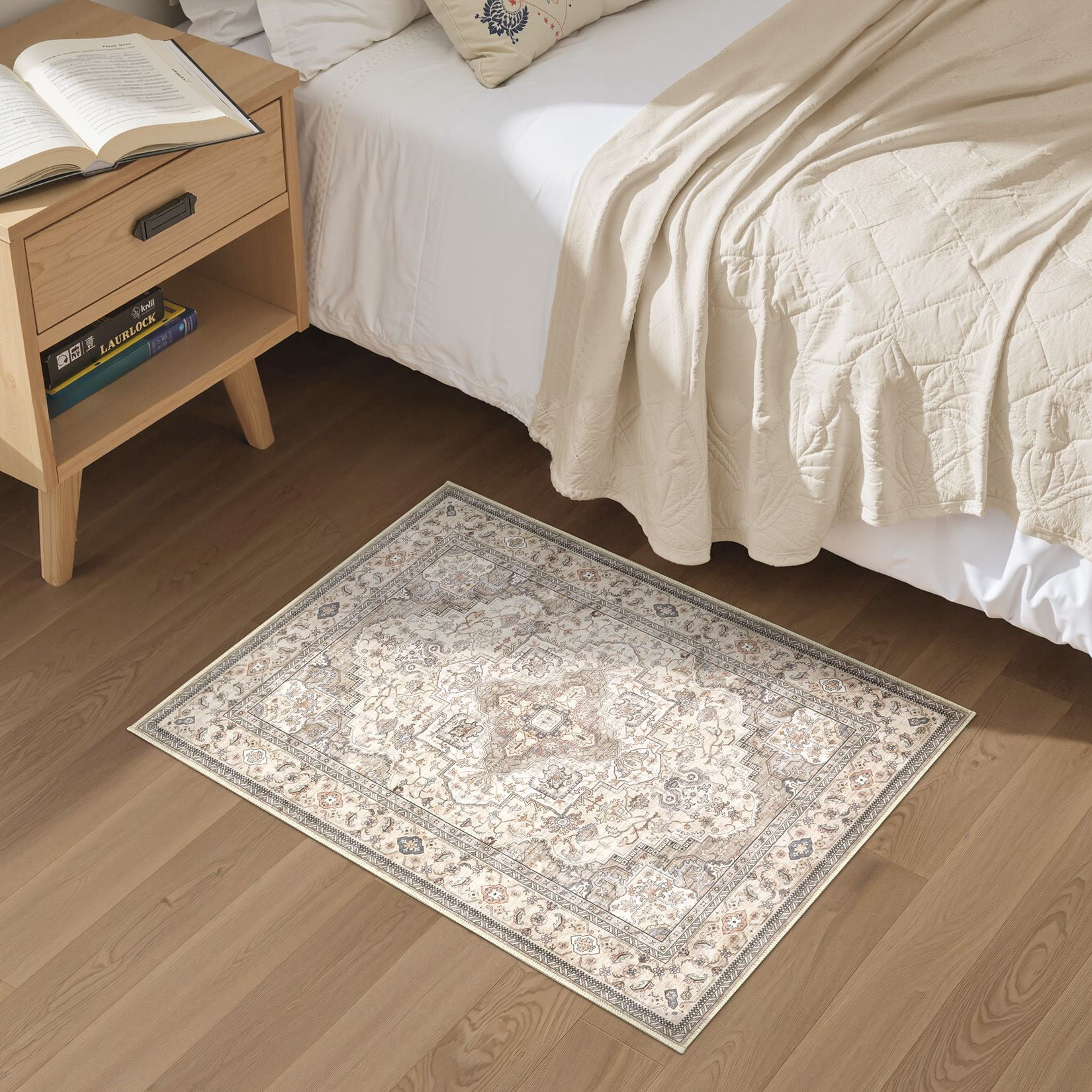 UERMEI 2x3 Washable Area Rugs for Living Room, Modern Vintage Printed Rug, Vacuum-Friendly, Non Slip Indoor Rug for Bedroom Entryway Home Decor Carpet, Beige Brown