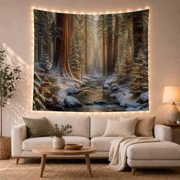 Snow Covered Sequoia Forest with Flowing Stream, Serene Rustic for Nature Lovers, Redwood Wall Art Decor, Housewarming Gift, Tapestry Wall Hanging for Living Room and Bedroom