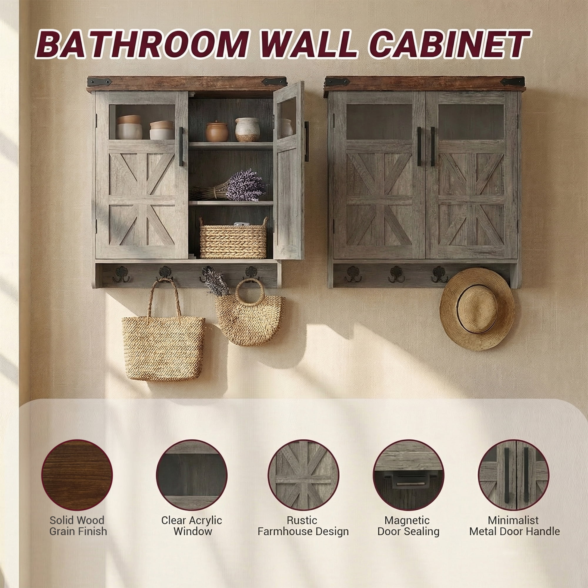 HOQBN Wall Storage Cabinet, Farmhouse Cabinet with Adjustable Shelves & Hook, Bathroom Storage for Small Bathrooms, Kitchen, Laundry Brown Grey