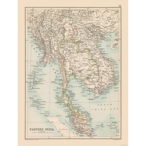 Historic Map - Farther India - Bartholomew 1892 - 23 x 30.34 - Vintage Wall Art