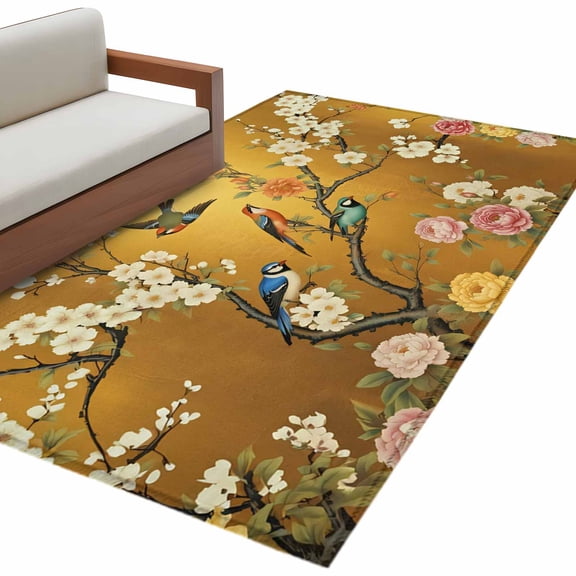 Kitchen Mats for Floor 3x5 Ft, White Spring Floral Non Slip Area Rugs for Kitchen Bedroom Entryway, Farmhouse Birds Flowers Branches Washable Carpet Runner Rug Floor Mats for Bedroom Home Decor