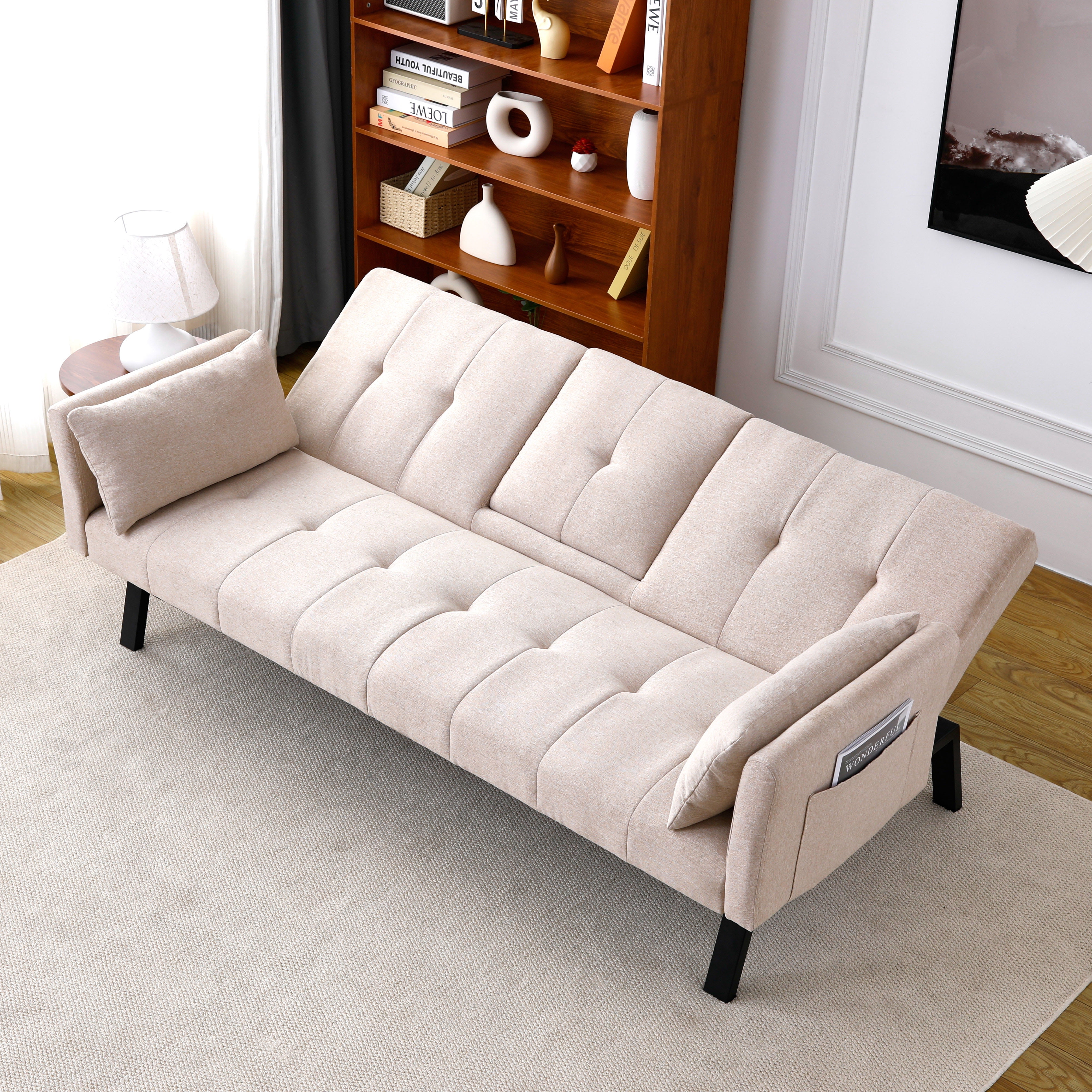 Gewnee 70''Foldable Sofa Bed,2-in-1 Convertible Couch With Adjustable Backrest、Cup Holder & Armrest Storage.Suitable for Small Spaces,Apartments.Beige