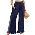 thumbnail image 2 of Nestiefly Womens Wide Leg Pants Drawstring Elastic High Waisted Ruffle Hem Palazzo Pants with Pockets Navy M, 2 of 5