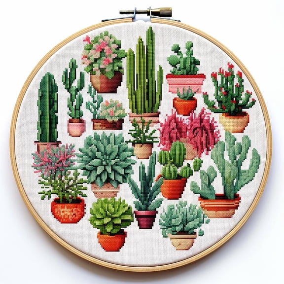 Cactus and Succulent DIY Stamped Cross Stitch Kits for Beginners Easy with Hoop 11CT Needlepoint Embroidery Counted Cross Stitch Kits Art Craft Wall Decor and Gift 35x35cm(3)