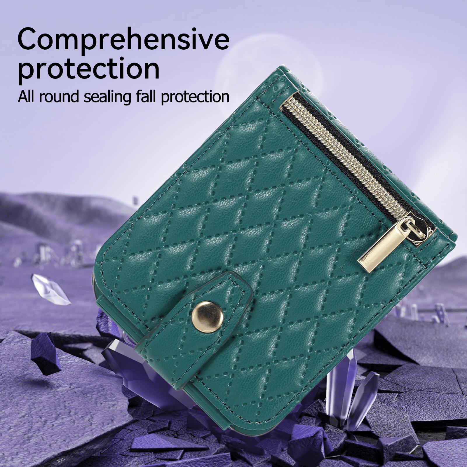TECH CIRCLE Cover for Samsung Galaxy Z Flip5 Case with Shoulder Strap+Wristlet, Elegant Phone Handbag Design Multiple Card Slots Pocket Wallet Case for Galaxy Z Flip 5 Full Protective Shell-Dark Green
