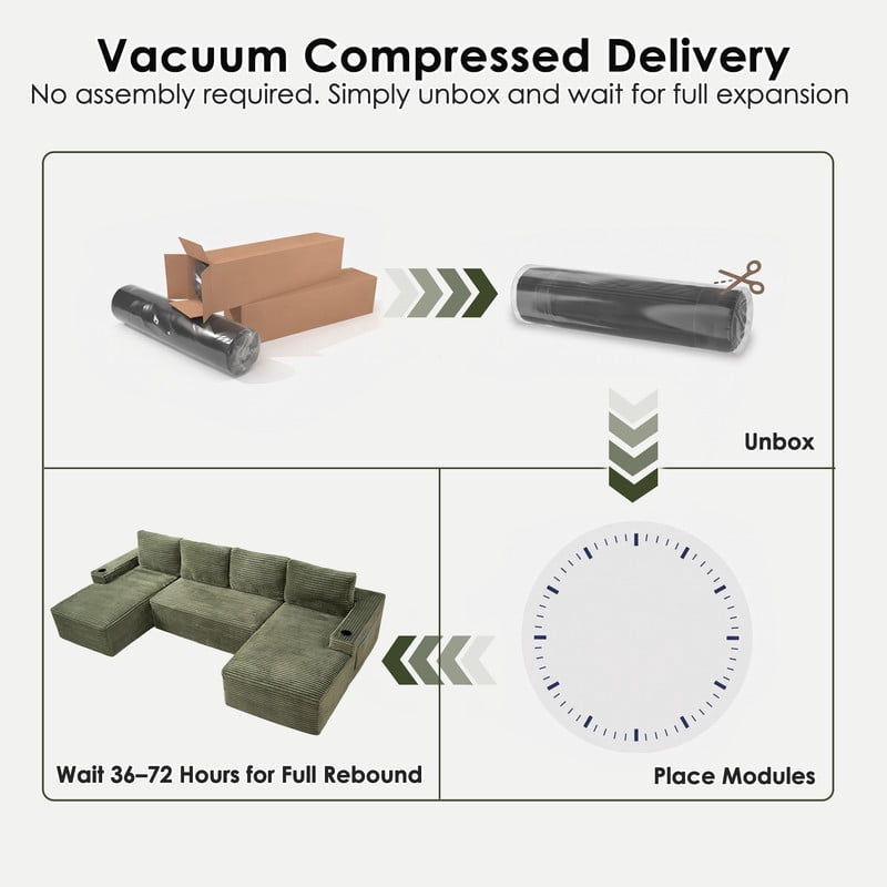 Anpport 133" Boneless Cloud Modular Sectional Couch, Corduroy Sofa with Cup Holders, Side Pockets, Deep Seat, No Assembly Required for Living Room, Green (U‑Shaped)