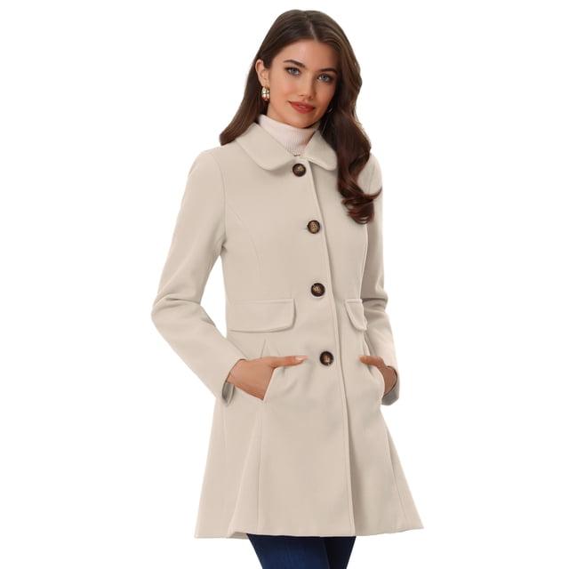 Abrigo de Cuello de Solapa Vintage Allegra K para Mujer Invierno Medio Largo Blanco Crema S