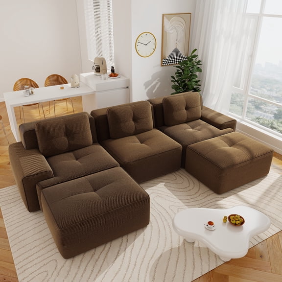 Aukfa 5-Piece Tufted Modular Corduroy Sectional Sofa with 2 Ottomans for Living Room, 29.5" Deep Seat, Brown