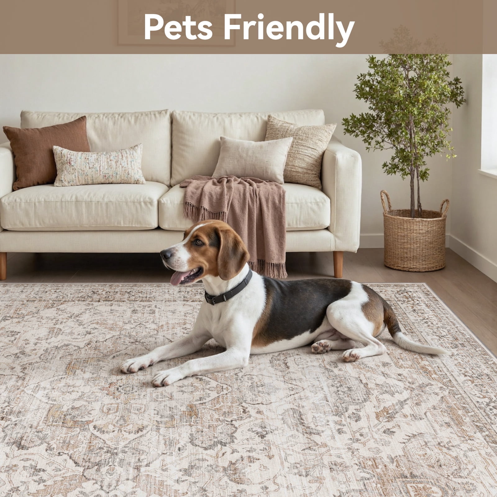 SIXHOME 5'x7' Area Rugs for Living Room Washable Vintage Medallion Rug Oriental Floral Distressed Carpet Ultra Soft Indoor Rugs for Bedroom Dining Room Retro Home Decor Beige