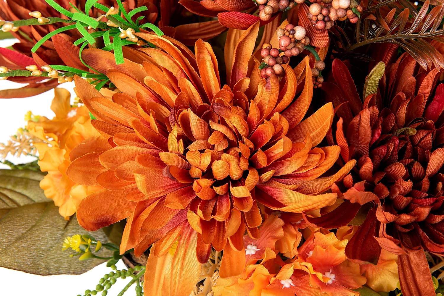 Artificial Faux Hanging Flowers Plants in Basket for Outdoor, Fully Assembled Fake Fall Orange Mix Silk Chrysanthemum Hydrangea Mums Arrangements Hanging Planter for Home Porch Patio Balcony Decor