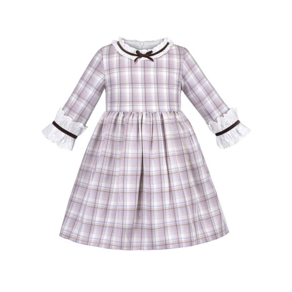 Girls Dress Vintage Country Style Plaid Velvet Bow Ruffle 3/4 Sleeve 4-5 Years