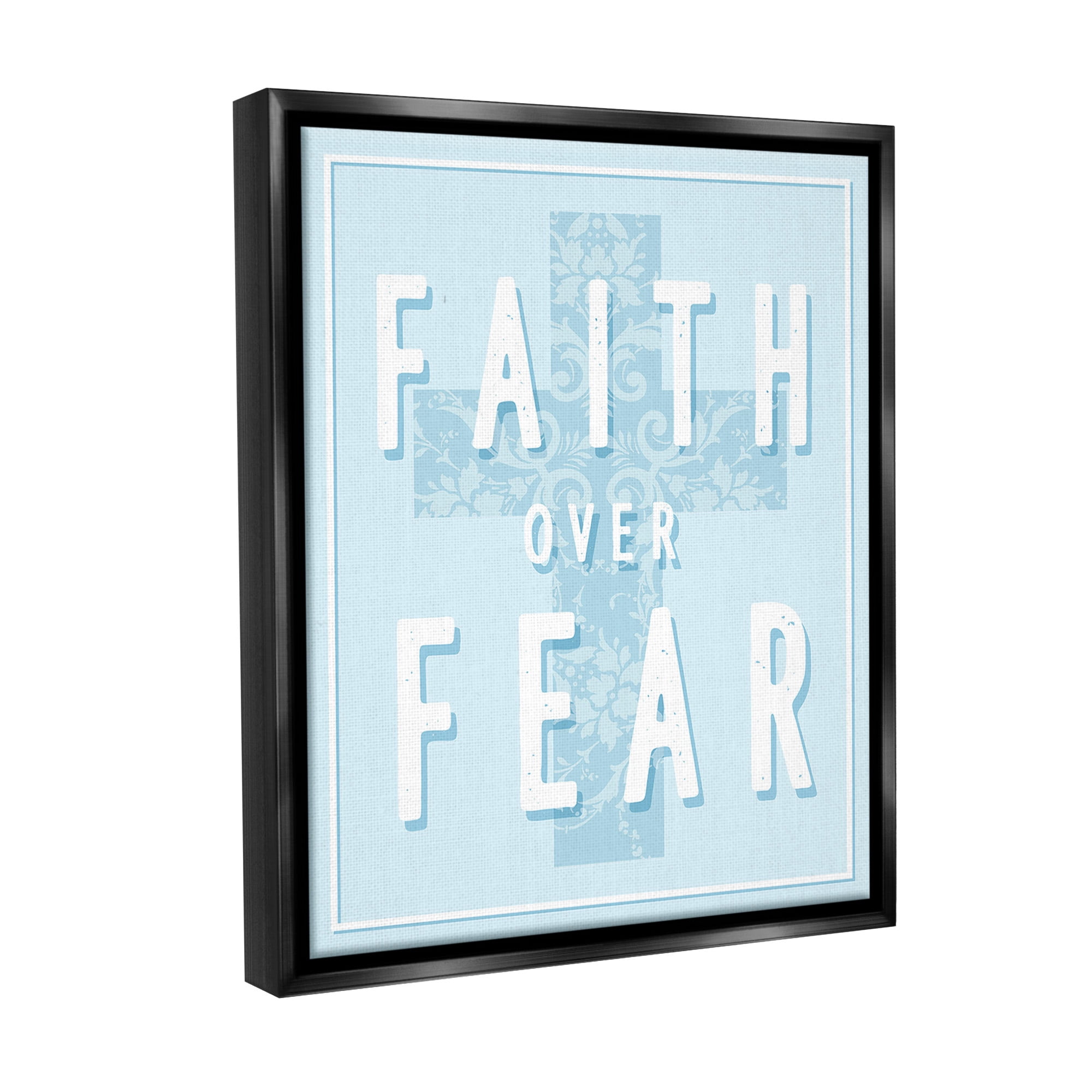 Stupell Industries Blue Faith Over Fear Inspirational Painting Black Floater Framed Canvas Art Print Wall Art, 17 x 21