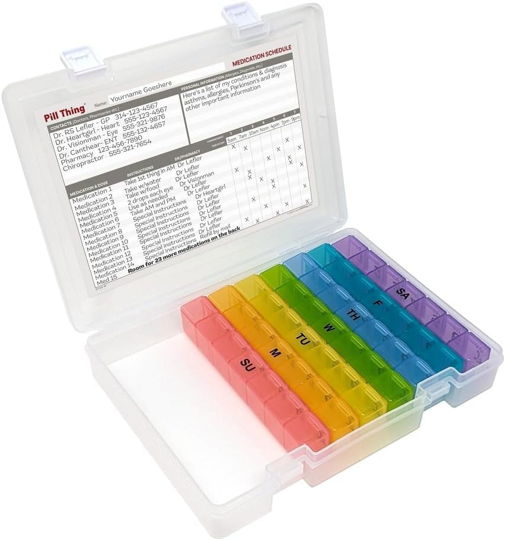Pill Thing 7-Day Weekly Pill Box Organizer Case, Secure Small Travel Container with Medication Schedule
