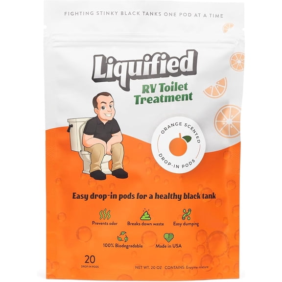 Liquified RV Toilet Treatment Drop-Ins, Bathroom Cleaner and Deodorizer, Orange Scent, 20 Pods