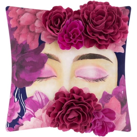 JWH Floral Face Decorative Pillow Cover with 3D Flower Accents 18x18inch Burgundy and Purple Cushion Cover for Room Decor