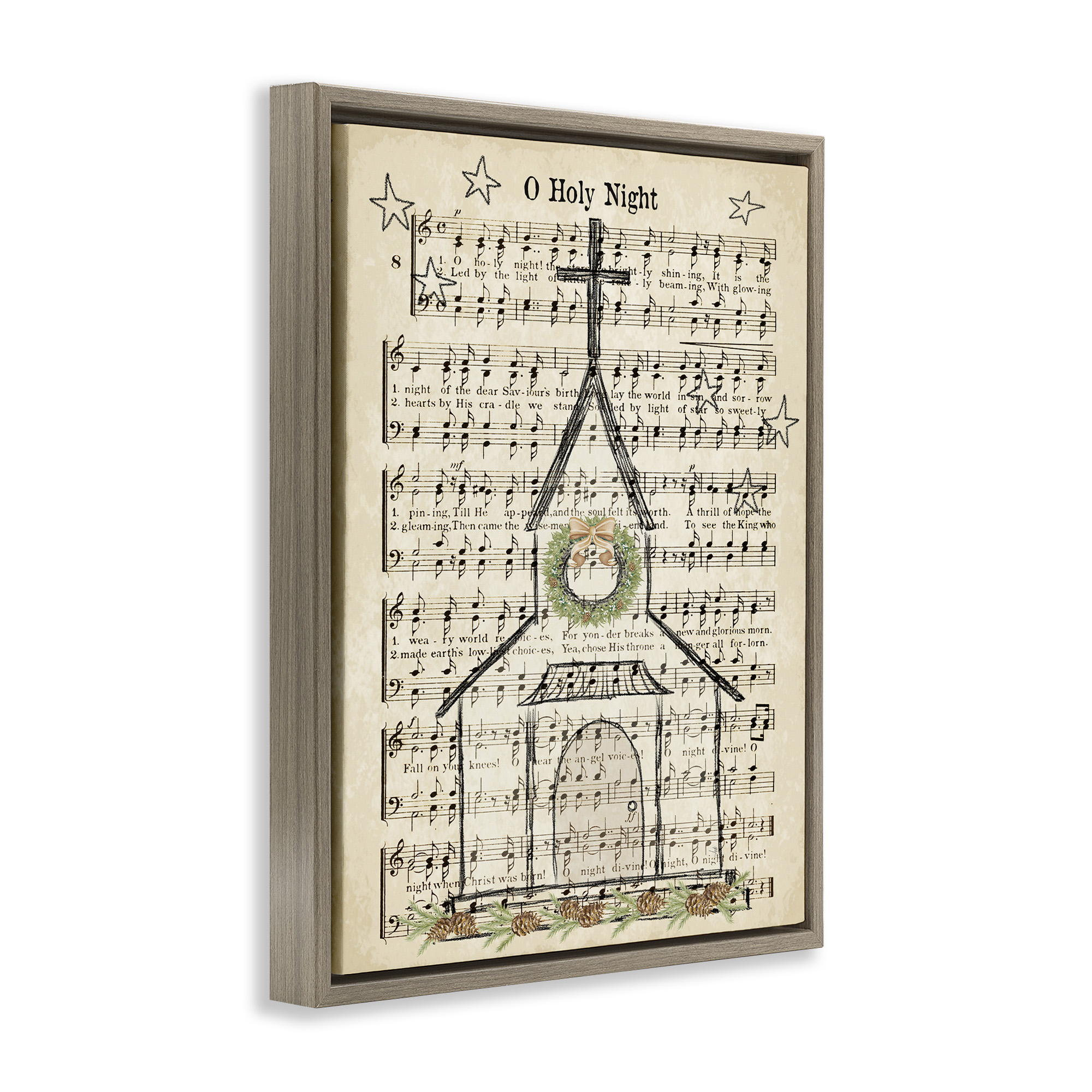 Stupell Industries Festive Holy Night Musical Script Religious Painting Brown Floater Framed Canvas Art Print Wall Art, 17 x 21