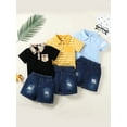 thumbnail image 3 of CARETOO Toddler Boy Clothes 2T 3T 4T 5T Casual Stripe Cotton Fabric Polo Shirt Denim Shorts 2pcs Set, 3 of 12