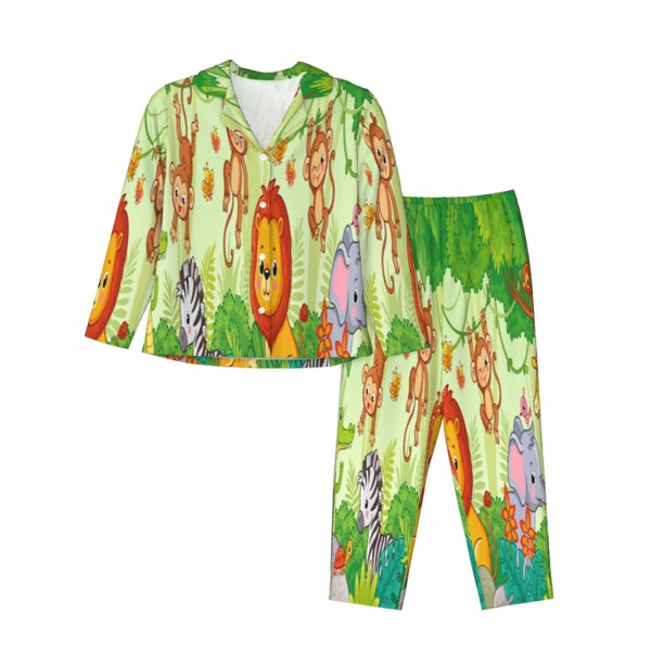 Balery African Animals in the Jungle Conjunto de Pijama con Estampado para Mujer, Conjunto de Dos Piezas con Manga Larga, Ropa de Dormir Suave con Bolsillos, Pijamas Cómodos-Large