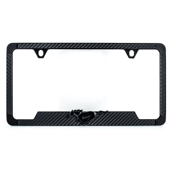 3D Black Mustang Emblem on Black Carbon Fiber Vinyl Inlay License Plate Frame