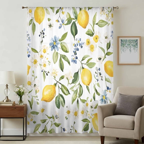 Summer Lemon Sheer Curtains 54 Inches Long, Yellow Botanical Spring Floral Blue Light Filering Curtains, Breathable Simi Curtain Privacy Drapes for Kitchen Bathroom Nursery Small Window Treatment