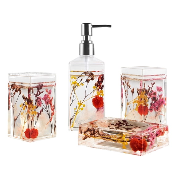 Acrylic Liquid 3D Floating Motion Bathroom Vanity Accessory Set 4 Pieces Garden Botanic Theme Tumblr Soap Dispenser Soap Dish