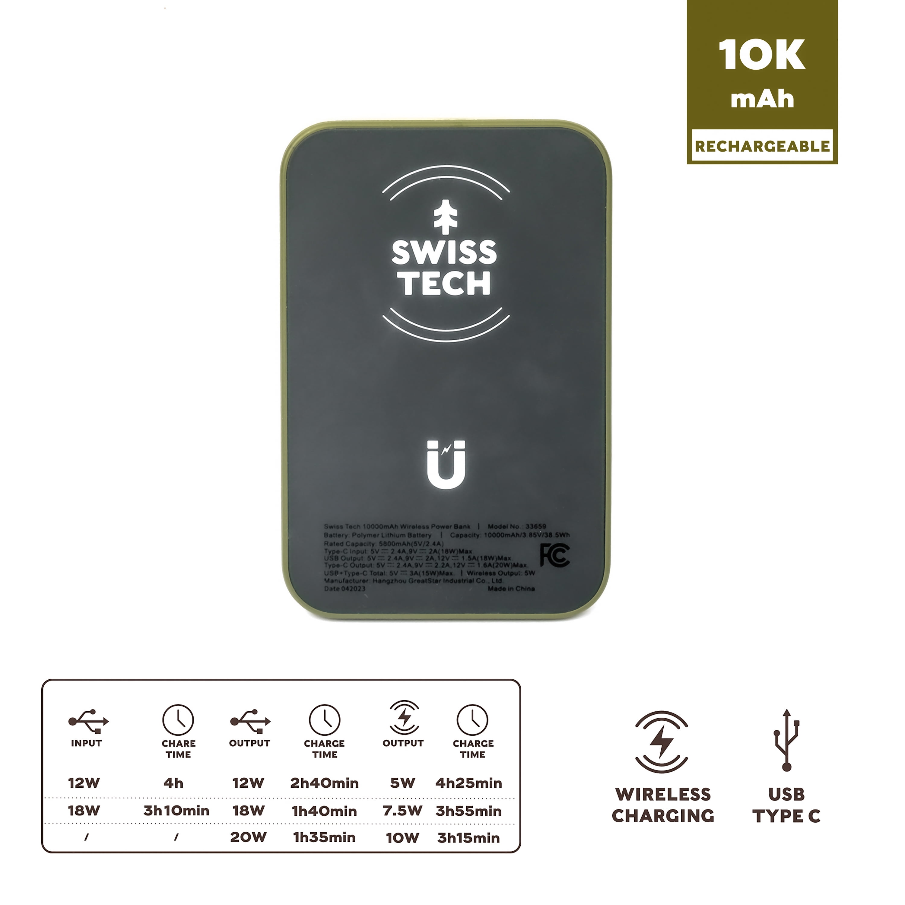 Swiss Tech Portable Power Bank, 10000mAh, Wireless Charging, Magnetic Attachment, Fast Charge Compatible