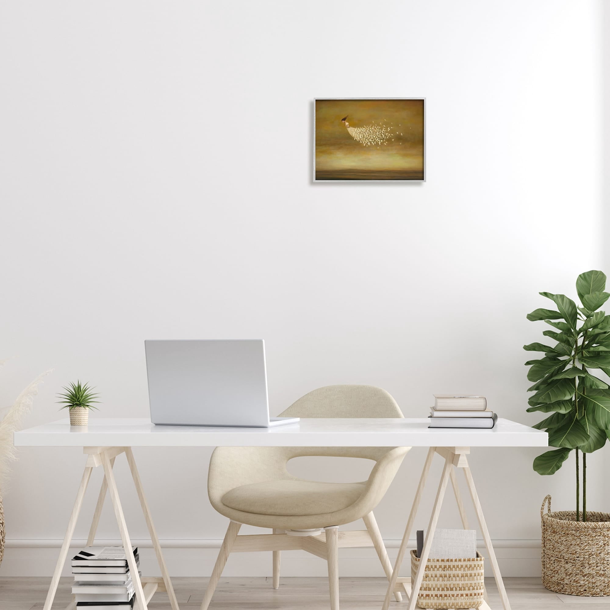 Stupell Industries Elegant Woman Flying Doves Birds Dress Ochre Sky Framed Wall Art, 14 x 11, Design by Duy Huynh