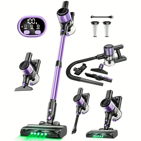 Cordless Stick Vacuum - 30Kpa Powerful Suction, 40min Runtime, USB-Powered, Lightweight for Hardwood/Carpets/Pet Hair, Anti-Tangle Brush, Sofa Tool, Pink (Green Light Indicator)