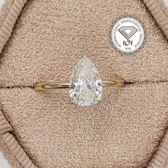 solitaire jewels 2CT IGI Certified Pear Lab Grown Diamod Solitaire Engagement Ring For Women, 14K Yellow Gold, EF Color VS Clarity