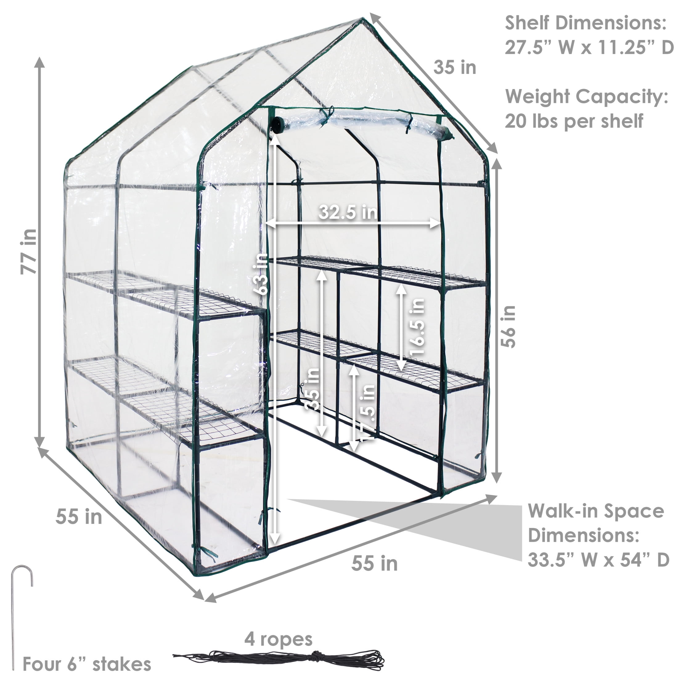 Sunnydaze 4.5' x 4.5' x 6.5' Outdoor Portable Walk-In Greenhouse with 4 Shelves, Clear Cover
