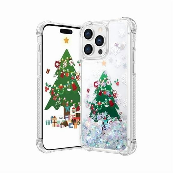 YJJSKEJI Christmas Phone Case for iPhone 14 Pro, with Glitter Bling Snowflakes Quicksand Liquid Slim TPU Protective Corners Cover for Women Girls