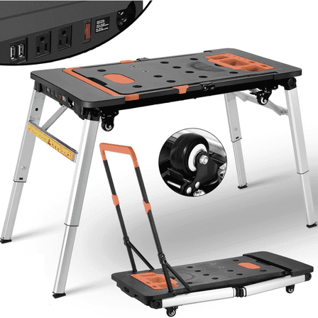 TLGREEN 7-in-1 Multifunctional Folding Work Table,  Portable Workbench for Garage, as Sawhorse, Scaffold, Platform, Car Creeper, Dolly with Wheels