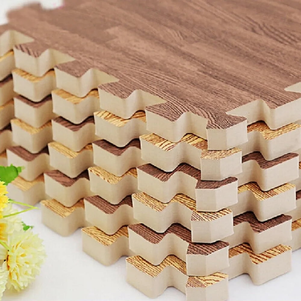 Wood Grain Floor Tiles Foam Mat EVA Interlocking Mats Tile 3/8-Inch Thick Flooring Wood Puzzle Exercise Mats w/Borders - Home Playroom Basement, Apartment, Trade Show, kids, Dance