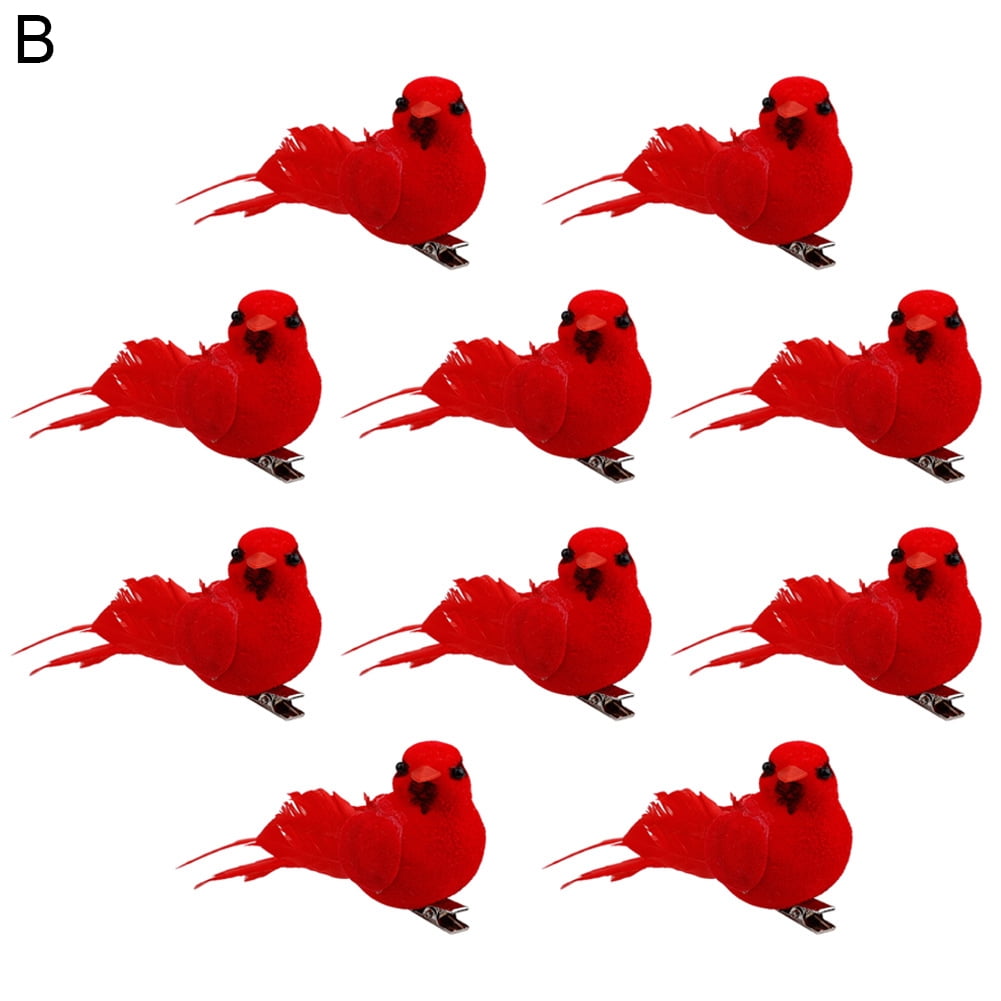 10 Pack Clip on Artificial Red Cardinals Christmas Ornaments Feathered Bird Xmas 