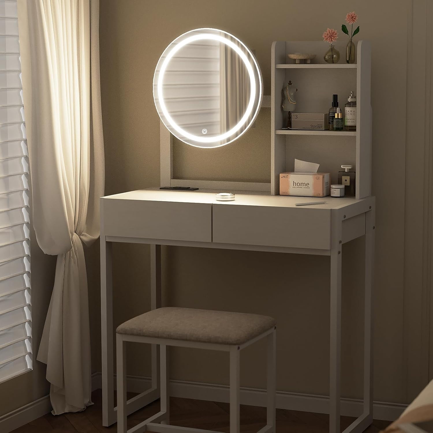 Small Vanity Desk with LED Mirror and Lights, Makeup Table with Built-in Power Outlet and USB Ports, 3 Lighting Modes Vanity with Stool for Bedroom, White