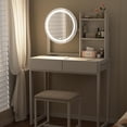 thumbnail image 5 of Makeup Vanity Desk with Mirror and Lights,Small Dressing Table with 2 Drawers & Open Shelves and Cushioned Stool,3 Lighting Modes for Bedroom,Small Space,White, 5 of 6